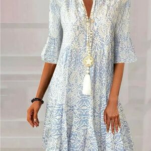 Chic Blue Patterned Midi Dress
